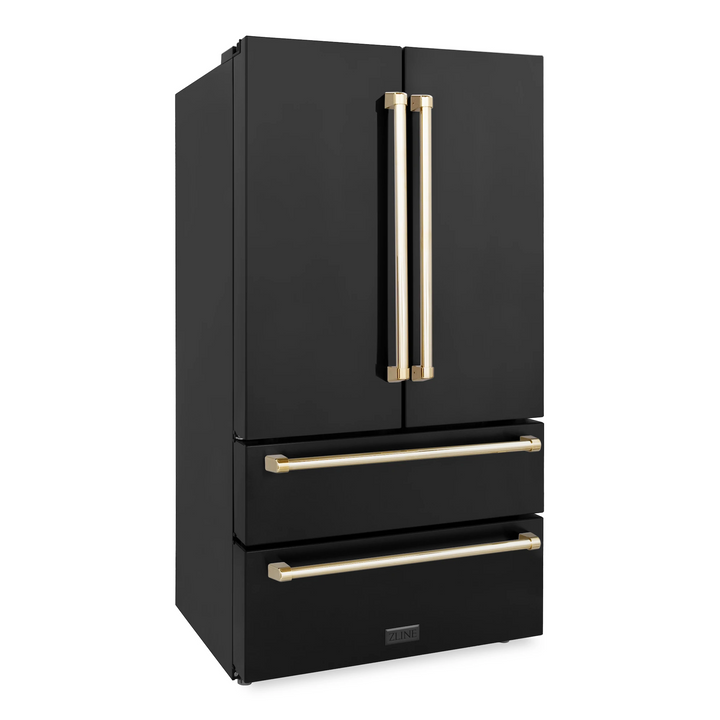 ZLINE Autograph Package - 30" Dual Fuel Range, Range Hood, Refrigerator, Dishwasher in Black Stainless with Gold Accents