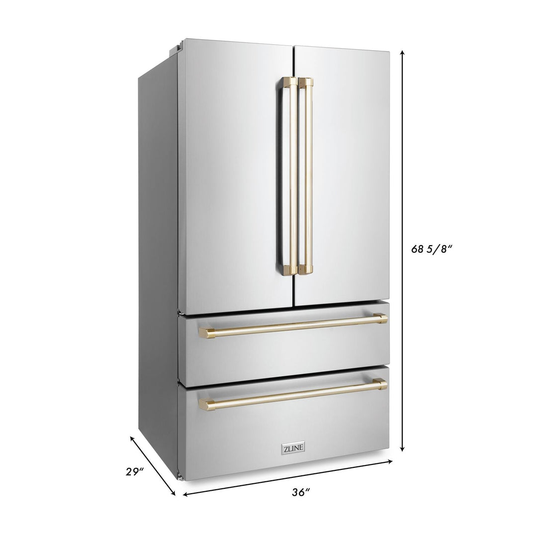 ZLINE Autograph Package - 30" Dual Fuel Range, Range Hood, Dishwasher, Refrigerator in Stainless Steel with Gold Accents, 4KAPR-RARHDWM30-G