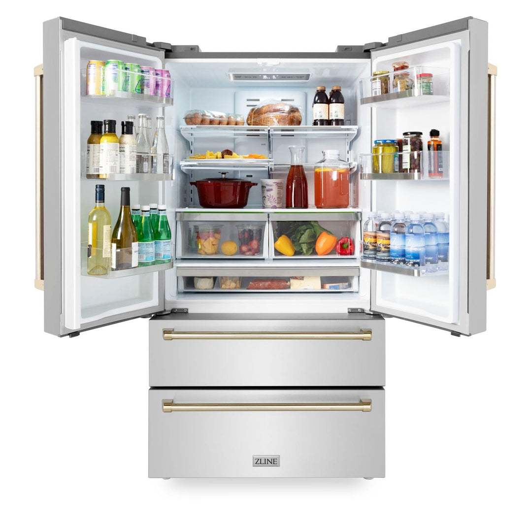 ZLINE Autograph Package - 48 in. Gas Range, Range Hood, 3 Rack Dishwasher, Refrigerator with Gold Accents - 4AKPR-RGRHDWM48-G