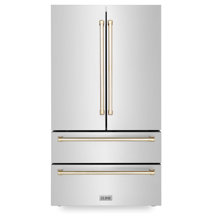 ZLINE Autograph Package - 48 In. Dual Fuel Range, Range Hood, Refrigerator, and Dishwasher in Stainless Steel with Gold Accents, 4KAPR-RARHDWM48-G