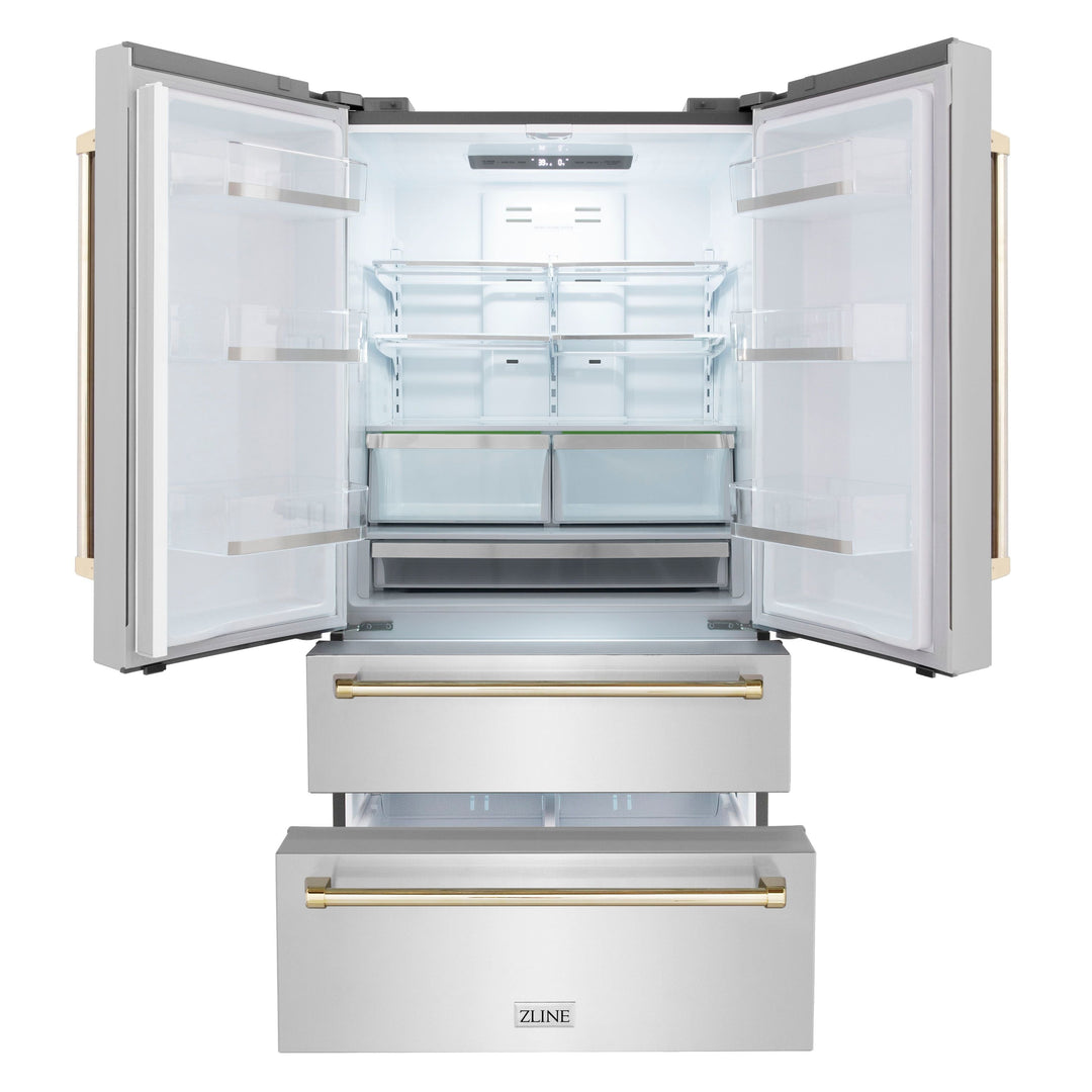 ZLINE Autograph Package - 30" Dual Fuel Range, Range Hood, Dishwasher, Refrigerator in Stainless Steel with Gold Accents, 4KAPR-RARHDWM30-G