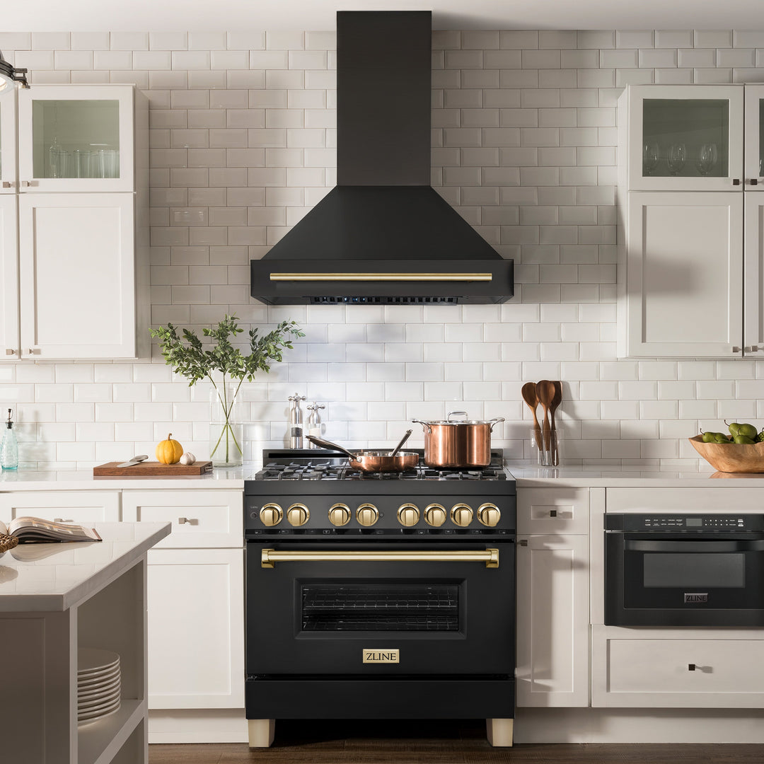 ZLINE Autograph Package - 36 In. Dual Fuel Range, Range Hood, Dishwasher in Black Stainless Steel with Gold Accent, 3AKP-RABRHDWV36-G