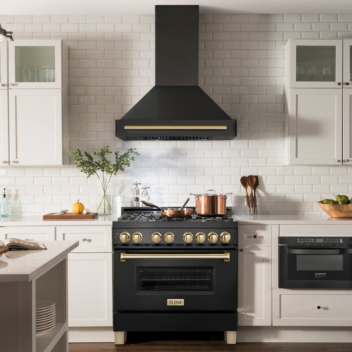 ZLINE Autograph Package - 36 In. Dual Fuel Range, Range Hood, Dishwasher in Black Stainless Steel with Gold Accent, 3AKP-RABRHDWV36-G