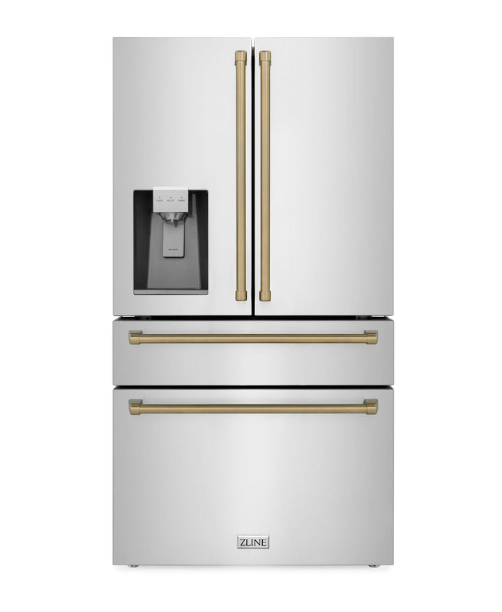 ZLINE Autograph Bronze Package - 36" Rangetop, 36" Range Hood, Dishwasher, Refrigerator with External Water and Ice Dispenser, Microwave Drawer