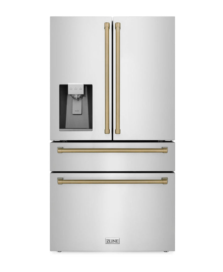 ZLINE Autograph Bronze Package - 36" Rangetop, 36" Range Hood, Dishwasher, Refrigerator with External Water and Ice Dispenser