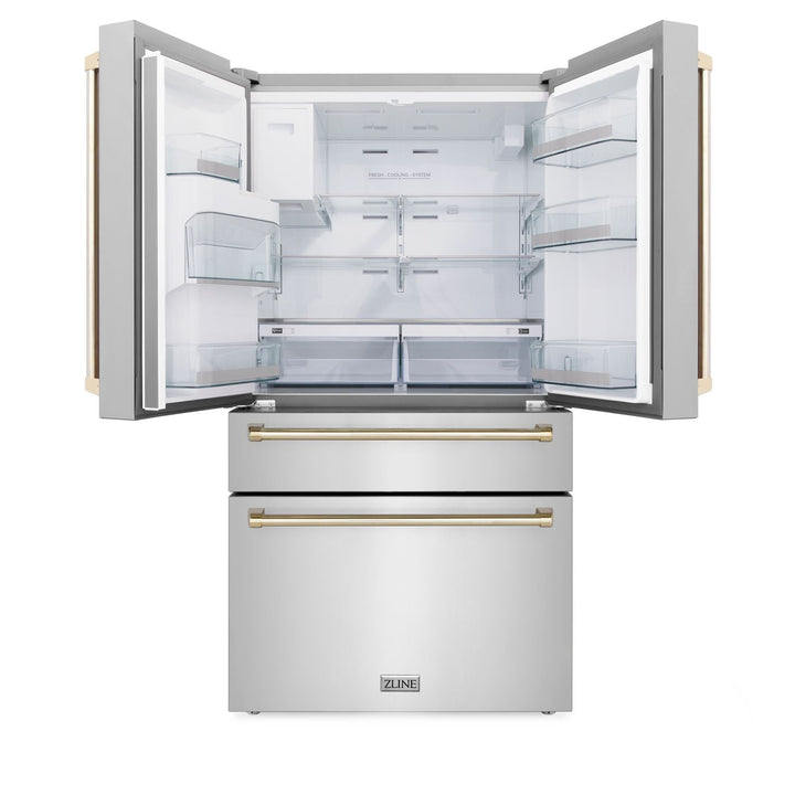 ZLINE Autograph Gold Package - 48" Rangetop, 48" Range Hood, Dishwasher, Refrigerator with External Water and Ice Dispenser