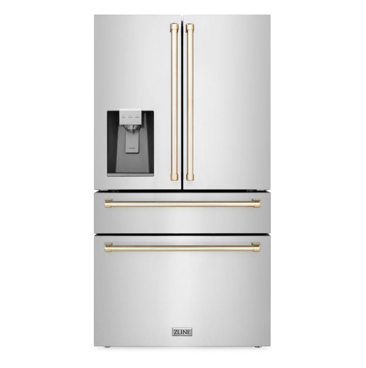 ZLINE Autograph Gold Package - 48" Rangetop, 48" Range Hood, Dishwasher, Refrigerator with External Water and Ice Dispenser, Microwave Drawer