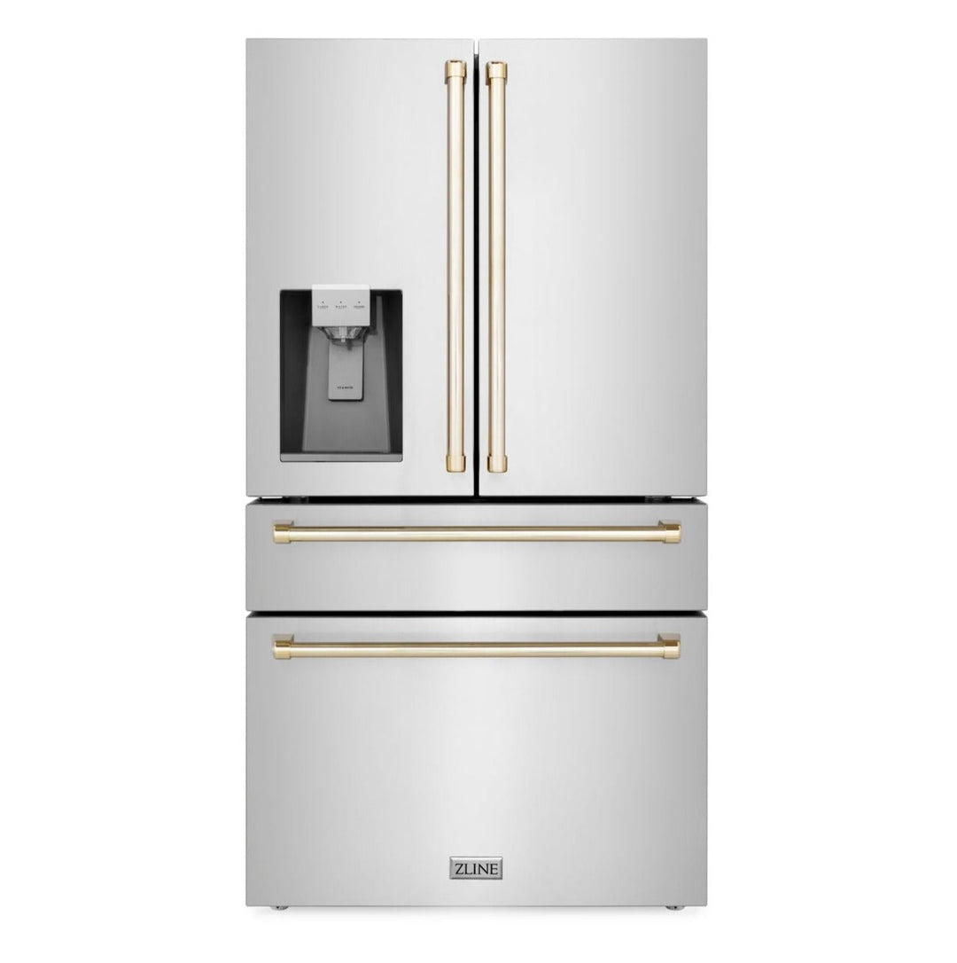 ZLINE Autograph Gold Package - 36" Rangetop, 36" Range Hood, Dishwasher, Refrigerator with External Water and Ice Dispenser, Microwave Oven