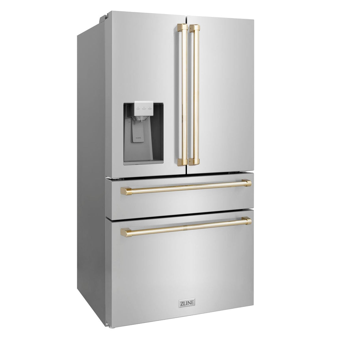 ZLINE Autograph Package - 36" Dual Fuel Range, Range Hood, Dishwasher, Refrigerator with Water & Ice Dispenser in Stainless Steel with Gold Accents