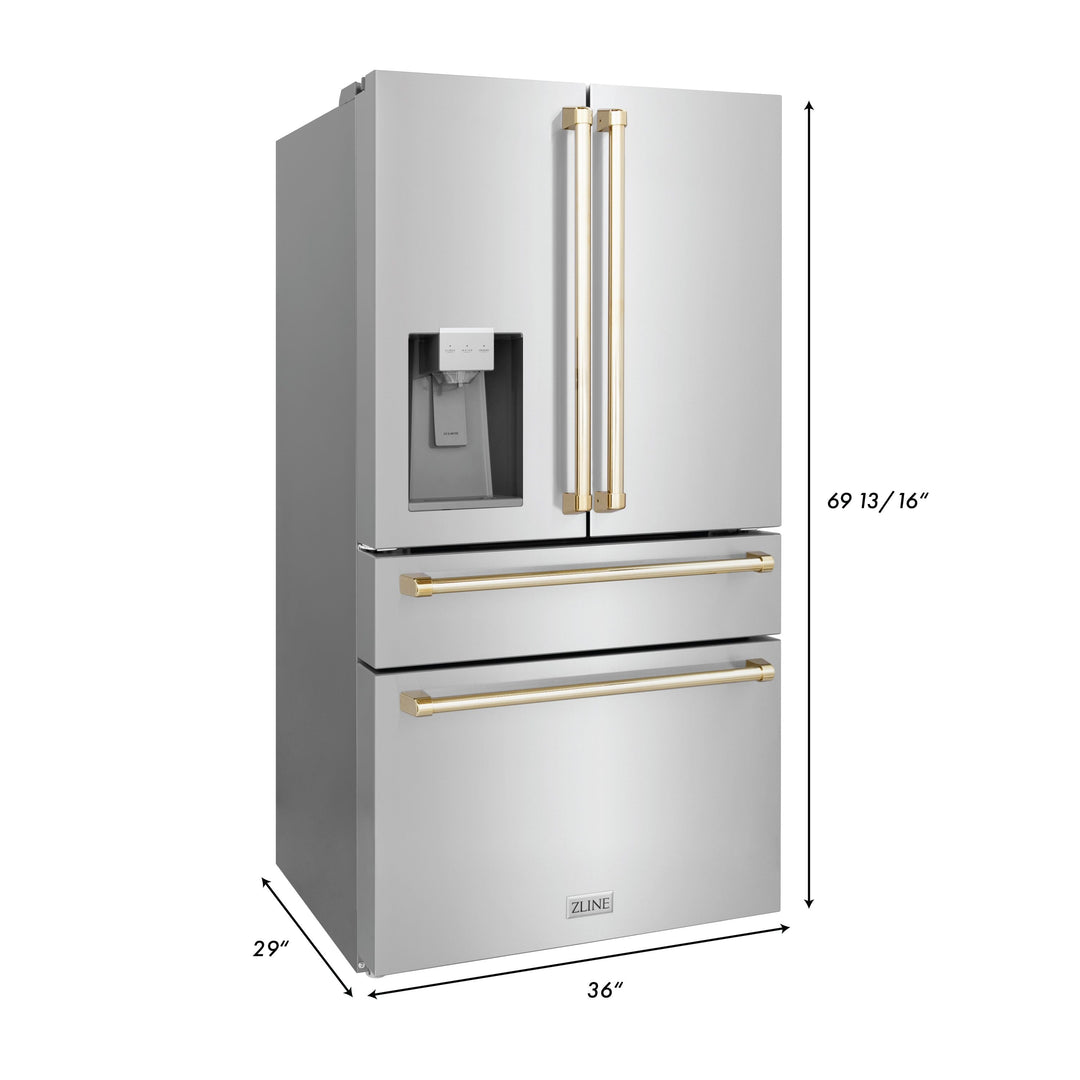 ZLINE Autograph Package - 36" Dual Fuel Range, Range Hood, Dishwasher, Refrigerator with Water & Ice Dispenser in Stainless Steel with Gold Accents