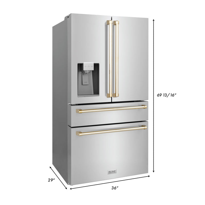 ZLINE Autograph Package - 48" Dual Fuel Range, Hood, Refrigerator with Water and Ice Dispenser, Dishwasher - Gold Accents