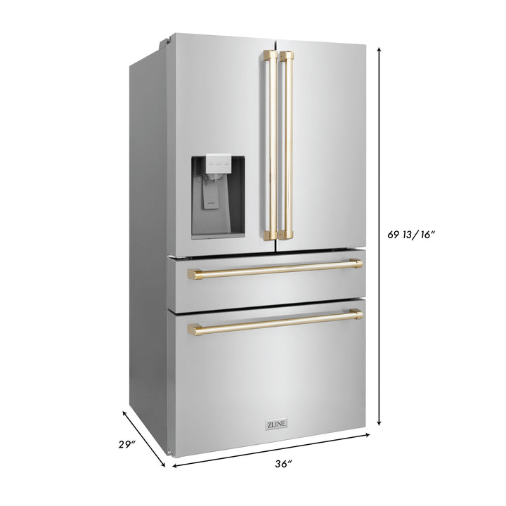 ZLINE Autograph Package - 30 In. Gas Range, Range Hood, Refrigerator, and Dishwasher in Stainless Steel with Gold Accents, 4AKPR-RGRHDWM30-G