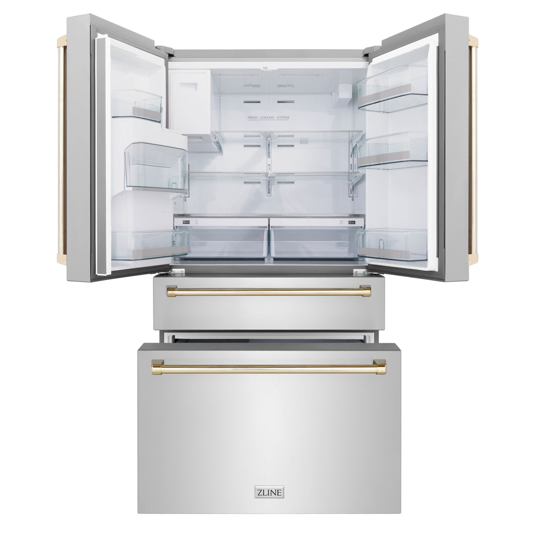 ZLINE Autograph Package - 30" Dual Fuel Range, Range Hood, Dishwasher, Refrigerator with Water & Ice Dispenser with Gold Accents