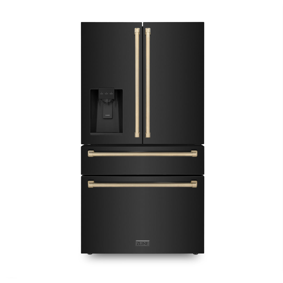 ZLINE Autograph Package - 30" Dual Fuel Range, Range Hood, Refrigerator, Dishwasher in Black with Bronze Accents