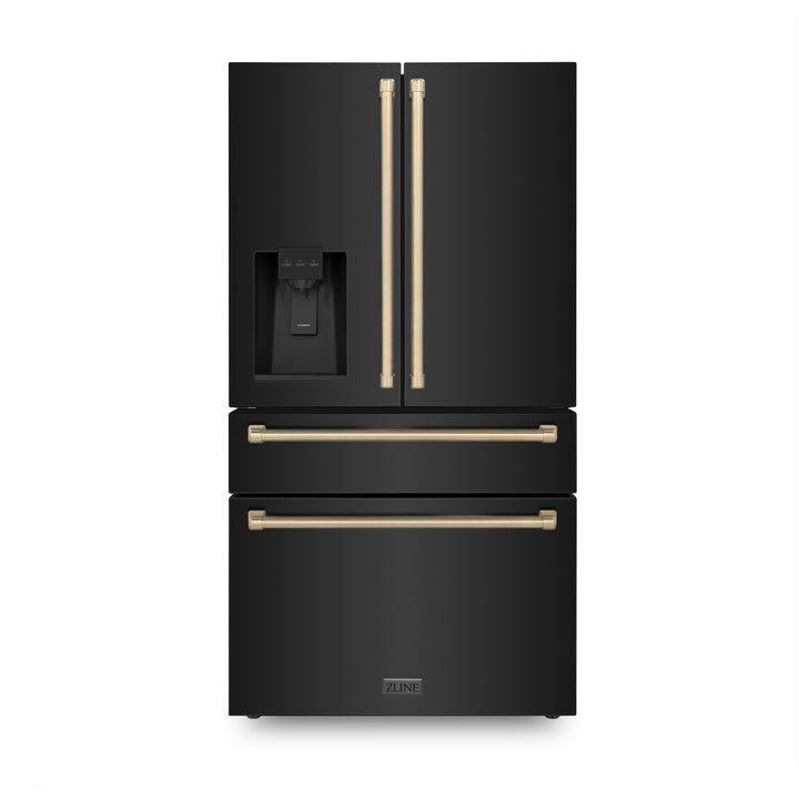 ZLINE Autograph Package - 36" Dual Fuel Range, Range Hood, Refrigerator with Water and Ice Dispenser, Microwave and Dishwasher in Black Stainless Steel with Bronze Accents