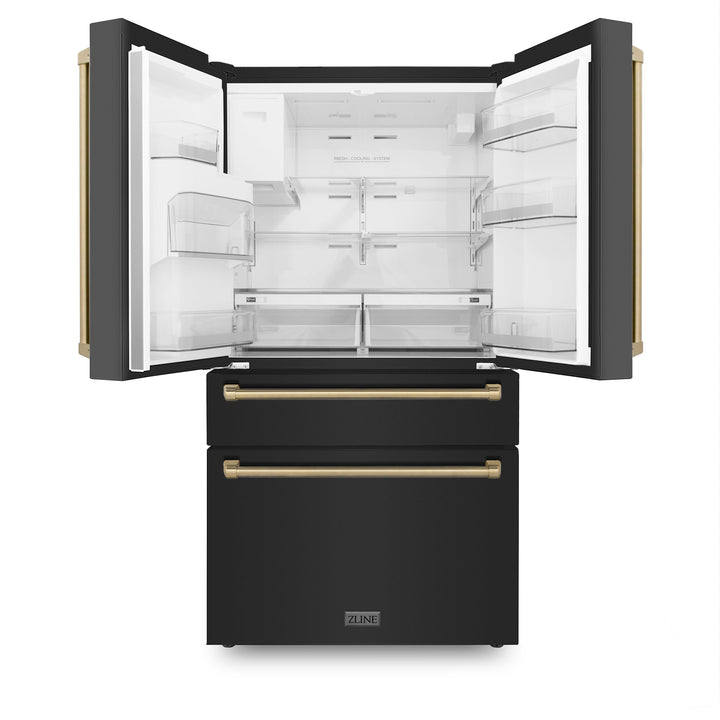 ZLINE Autograph Package - 30" Dual Fuel Range, Range Hood, Refrigerator, Dishwasher in Black with Bronze Accents