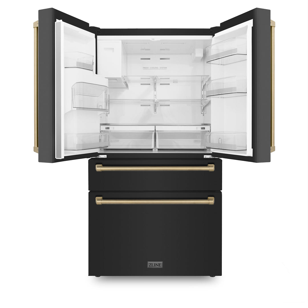 ZLINE Autograph Package - 48" Dual Fuel Range, Range Hood, Refrigerator, Dishwasher in Black Stainless with Bronze Accents