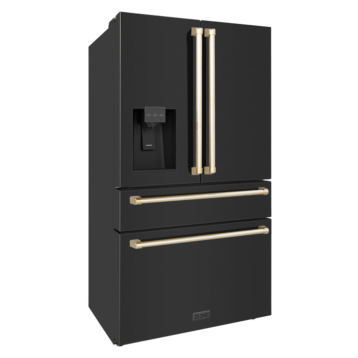 ZLINE Autograph Package - 30" Dual Fuel Range, Range Hood, Refrigerator, Dishwasher in Black Stainless with Gold Accents