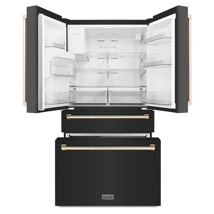 ZLINE Autograph Package - 36" Dual Fuel Range, Range Hood, Refrigerator with Water & Ice Dispenser, Dishwasher in Black Stainless, Gold Accents