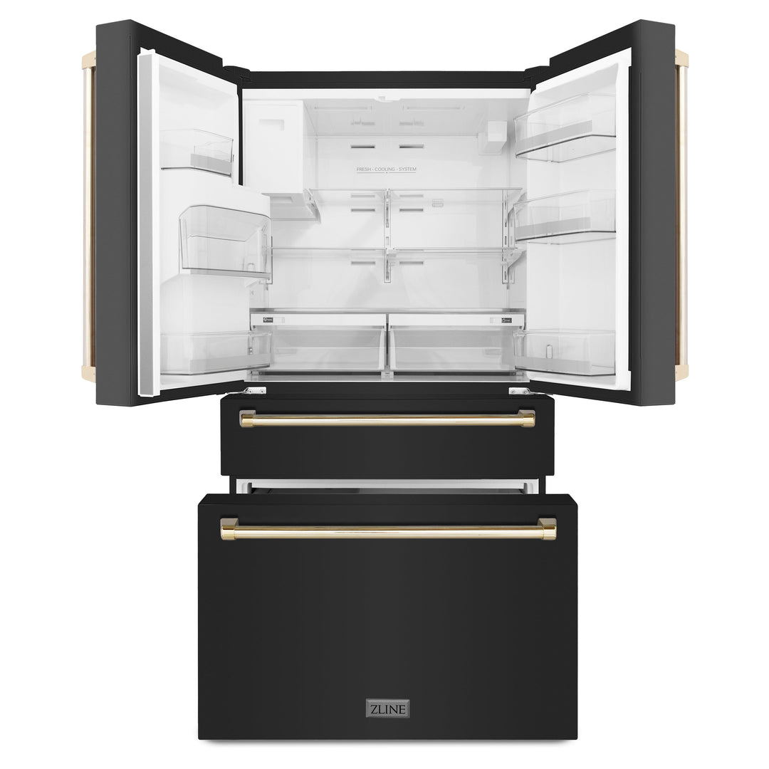 ZLINE Autograph Package - 36" Gas Range, Range Hood, Refrigerator with Water and Ice Dispenser, and Dishwasher in Black Stainless with Gold Accents