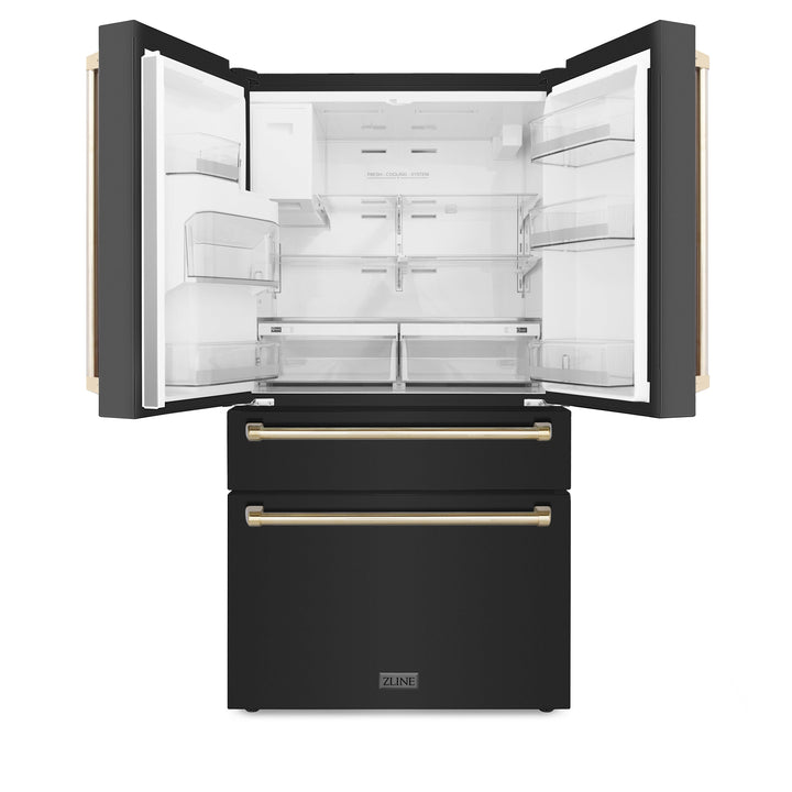 ZLINE Autograph Package - 30" Dual Fuel Range, Range Hood, Refrigerator, Dishwasher in Black Stainless with Gold Accents