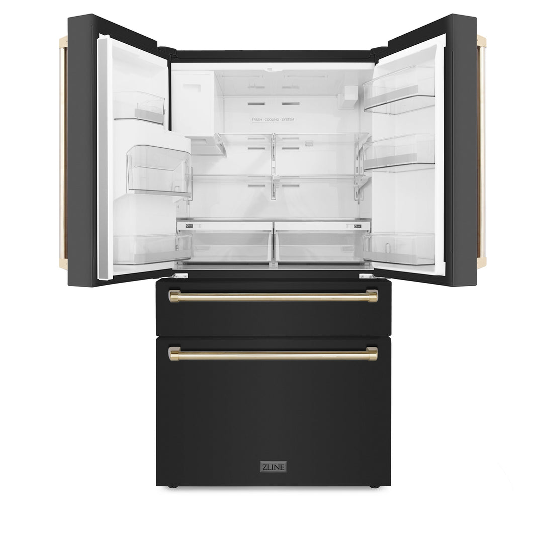 ZLINE Autograph Package - 36" Gas Range, Range Hood, Refrigerator with Water and Ice Dispenser, and Dishwasher in Black Stainless with Gold Accents