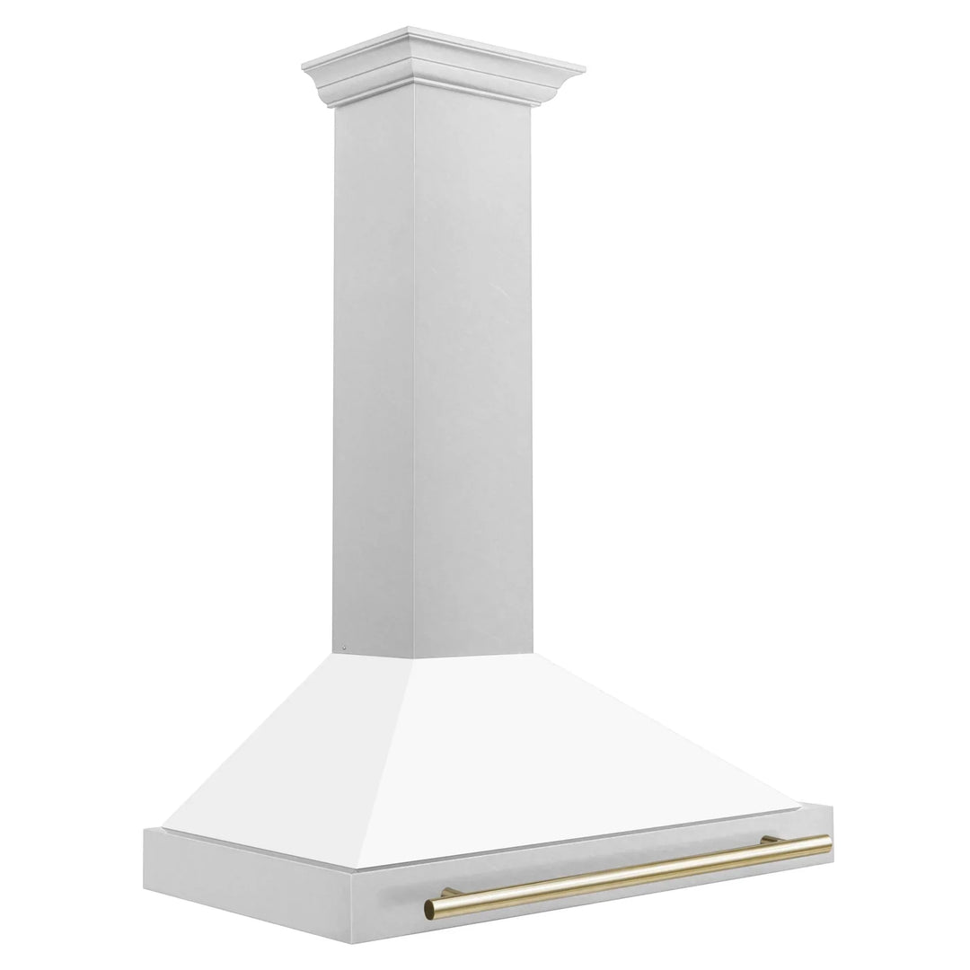 ZLINE 36 In Autograph Edition DuraSnow® Stainless Steel Range Hood with White Matte Shell and Gold Handle, KB4SNZ-WM36-G