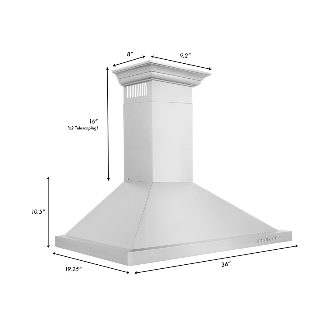 ZLINE 36 in. Convertible Vent Wall Mount Range Hood in Stainless Steel with Crown Molding, KBCRN-36