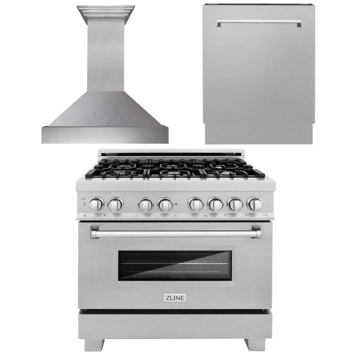 ZLINE 36 in. Kitchen Appliance Package with DuraSnow® Stainless Dual Fuel Range, Ducted Vent Range Hood and Tall Tub Dishwasher, 3KP-RASRH36-DWV