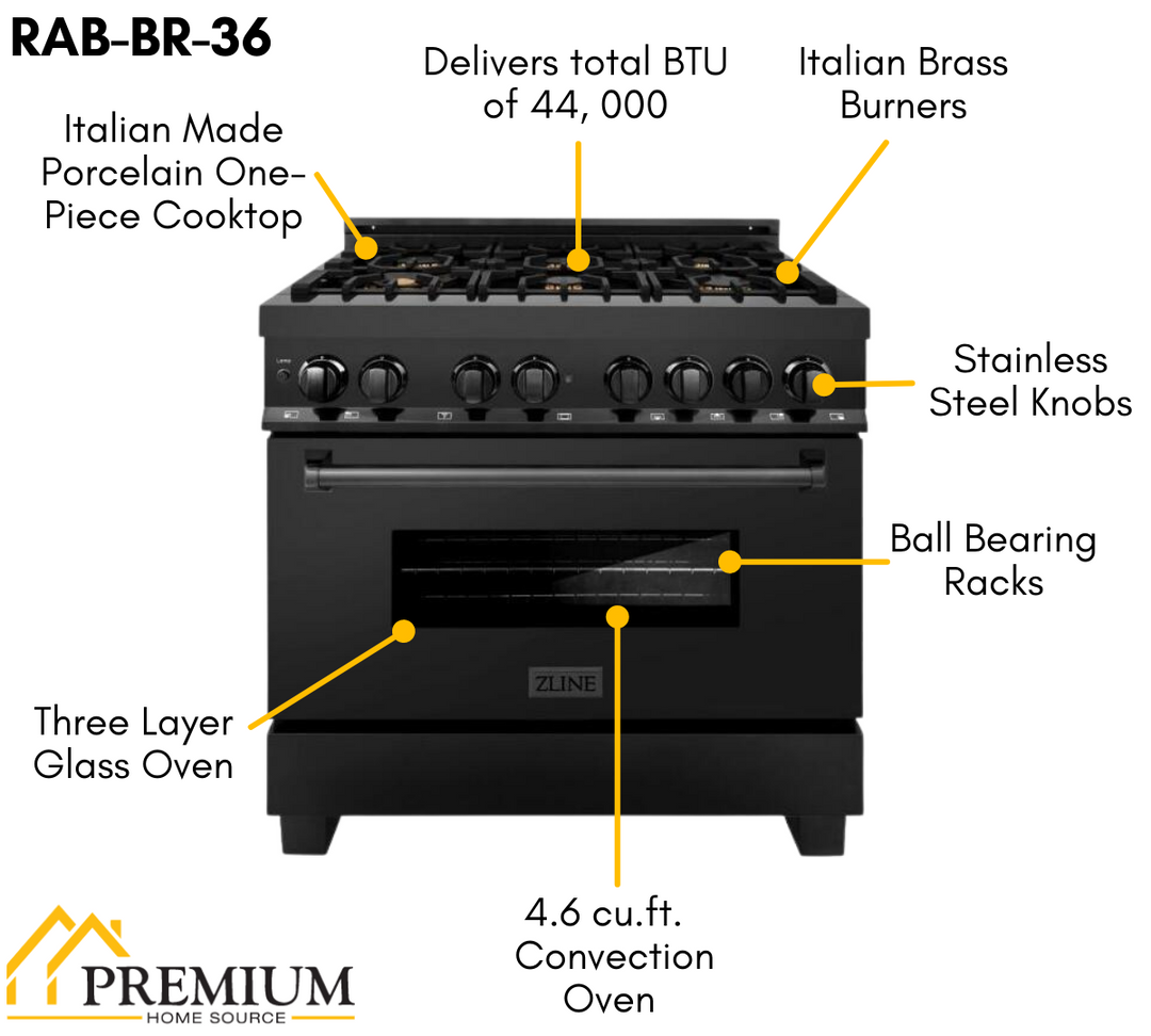 ZLINE Kitchen and Bath Appliance Package - 36 in. Dual Fuel Range, Range Hood, Microwave Drawer, Refrigerator in Black Stainless, 4KPR-RABRH36-MW