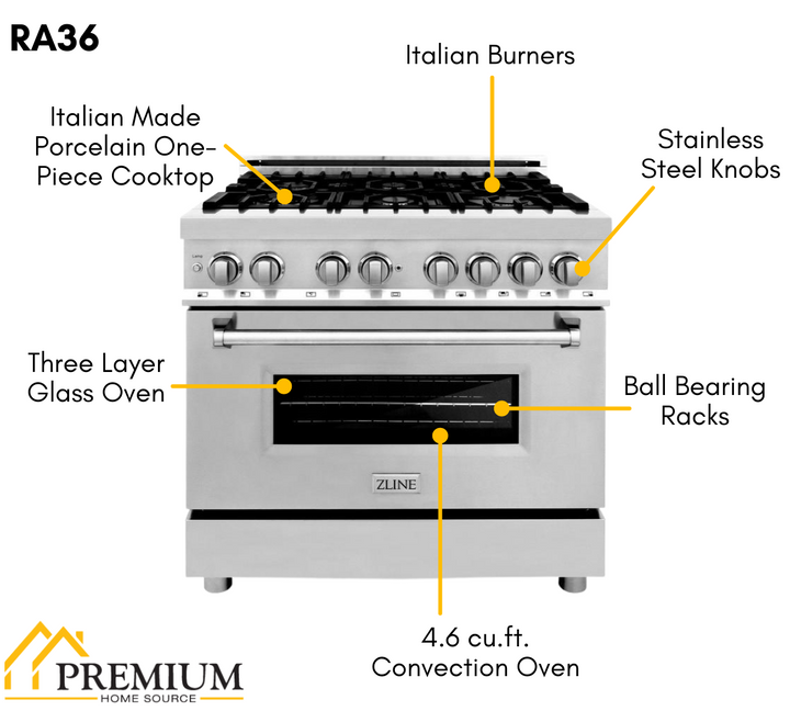 ZLINE Package - 36" Dual Fuel Range, Refrigerator with Water and Ice Dispenser, Range Hood, Dishwasher