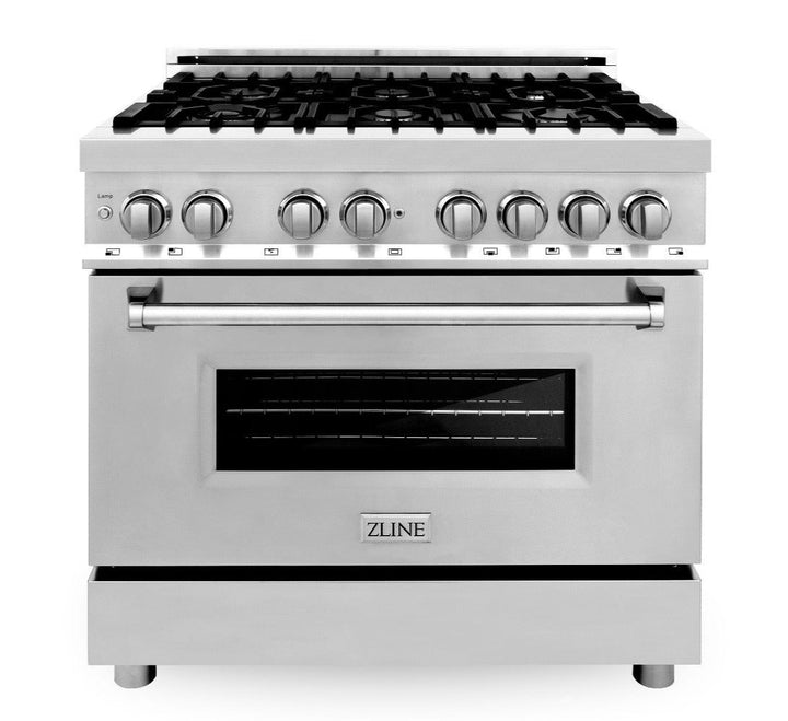 ZLINE Package - 36" Dual Fuel Range, Refrigerator with Water and Ice Dispenser, Range Hood, Dishwasher