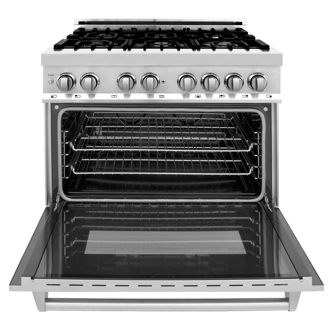 ZLINE Package - 36" Dual Fuel Range, Refrigerator with Water and Ice Dispenser, Range Hood, Dishwasher