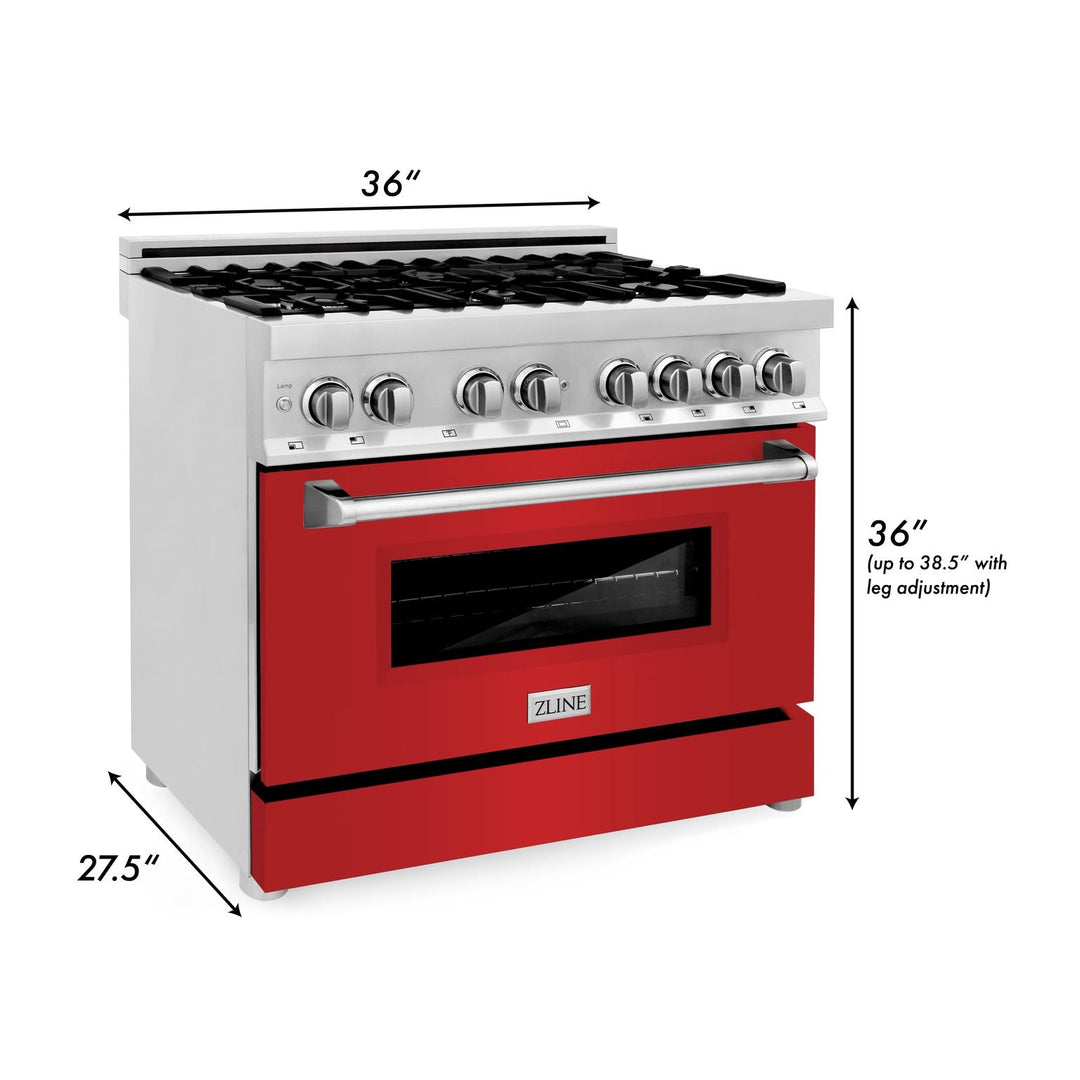 ZLINE 36 in. Dual Fuel Range with Red Matte Doors & 36 in. Range Hood Appliance Package, 2KP-RARMRH36