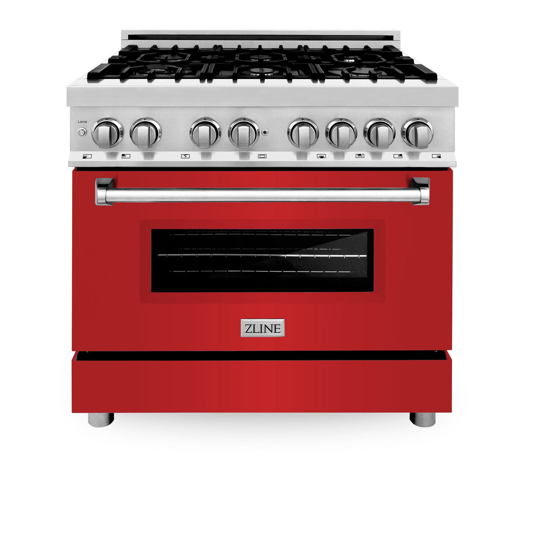 ZLINE 36 in. Dual Fuel Range with Red Matte Doors & 36 in. Range Hood Appliance Package, 2KP-RARMRH36