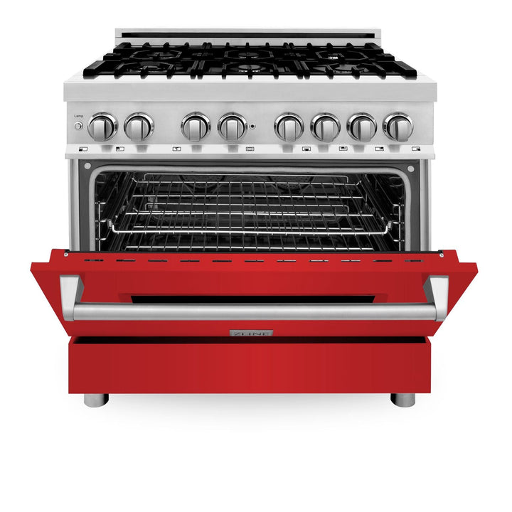 ZLINE 36 in. Dual Fuel Range with Red Matte Doors & 36 in. Range Hood Appliance Package, 2KP-RARMRH36