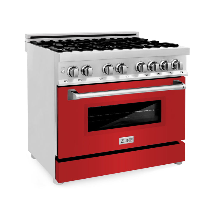 ZLINE 36 in. Dual Fuel Range with Red Matte Doors & 36 in. Range Hood Appliance Package, 2KP-RARMRH36