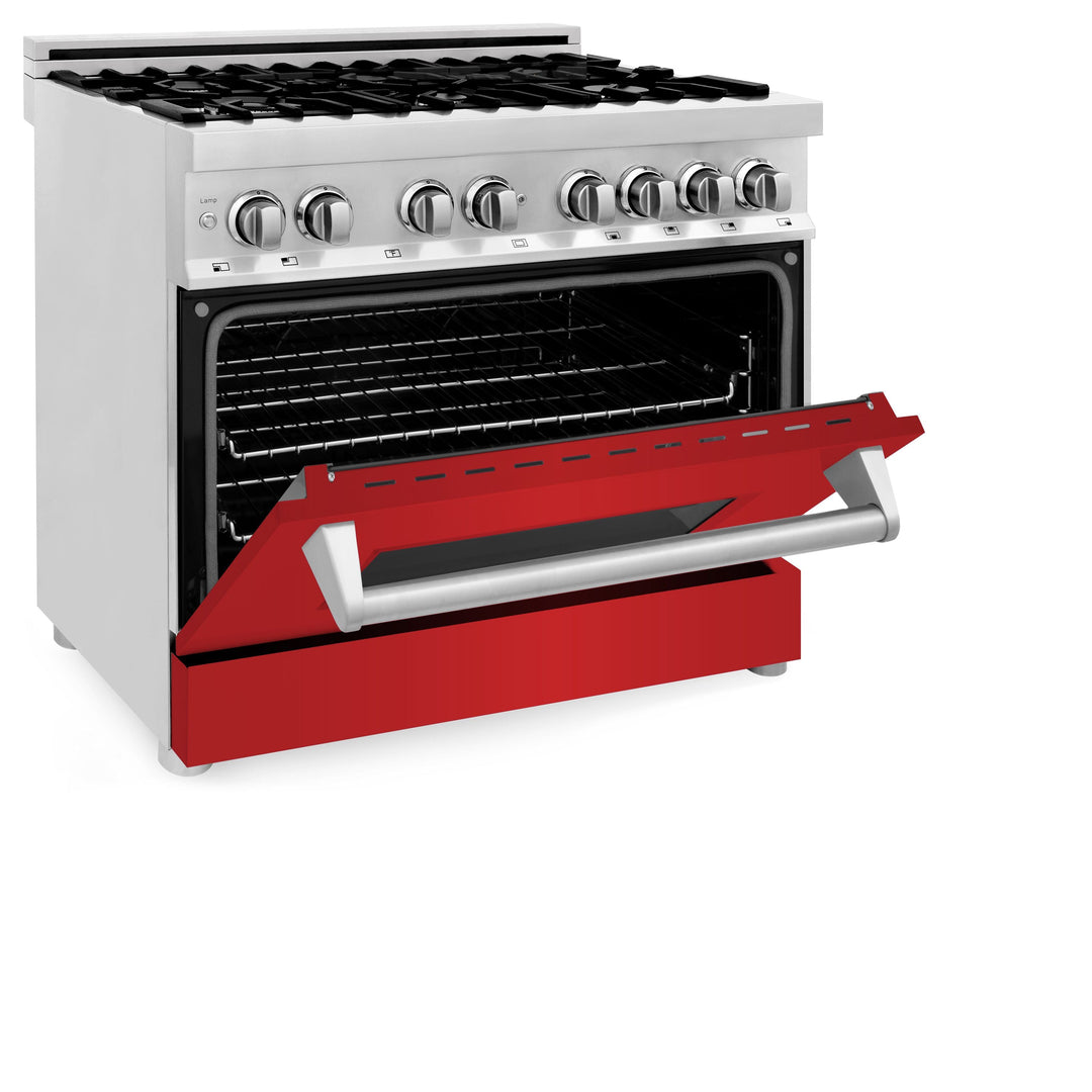 ZLINE 36 in. Dual Fuel Range with Red Matte Doors & 36 in. Range Hood Appliance Package, 2KP-RARMRH36