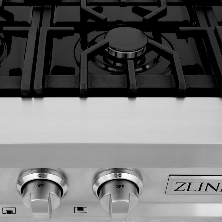 ZLINE 4-Piece Appliance Package - 36 In. Rangetop, Range Hood, Refrigerator, and Double Wall Oven in Stainless Steel, 4KPR-RTRH36-AWD