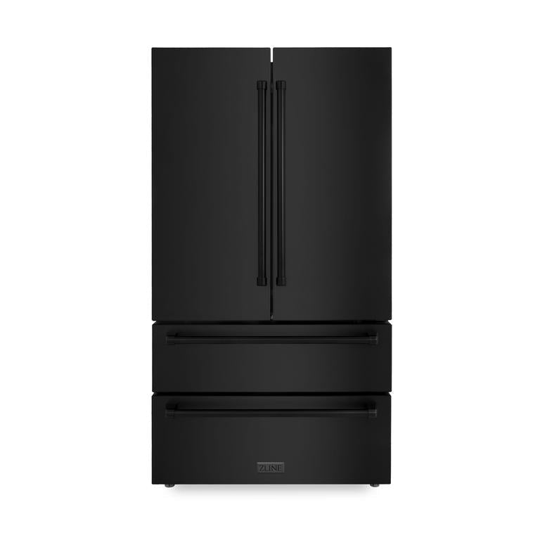 ZLINE Kitchen and Bath Appliance Package - 36 in. Dual Fuel Range, Range Hood, Microwave Drawer, Refrigerator in Black Stainless, 4KPR-RABRH36-MW