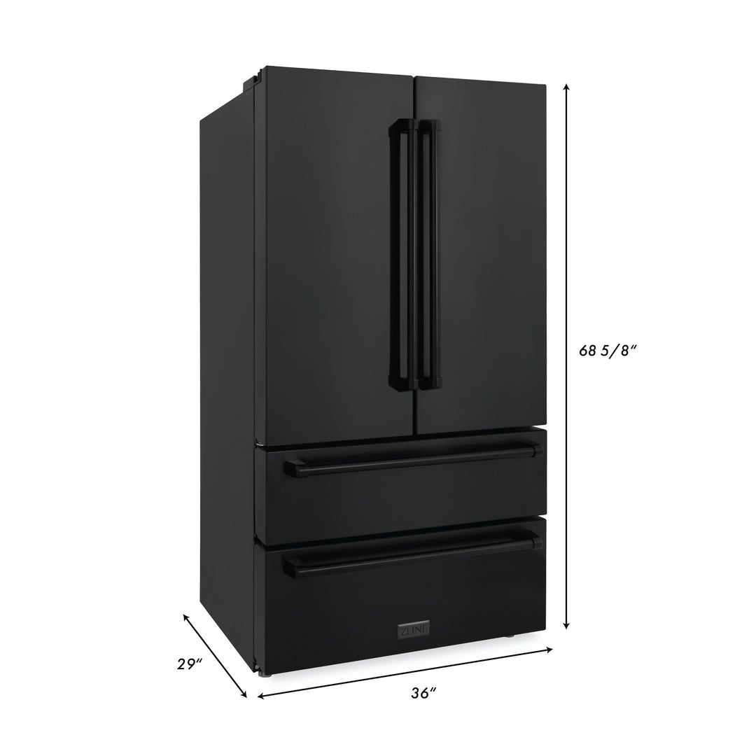 ZLINE 4-Piece Appliance Package - 36 In. Rangetop, Range Hood, Refrigerator, and Wall Oven in Black Stainless Steel, 4KPR-RTBRH36-AWS