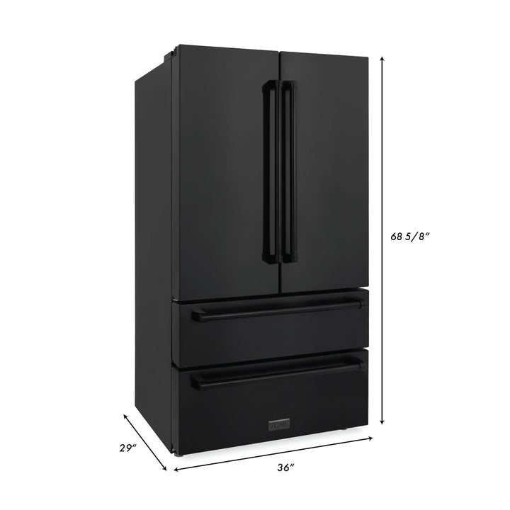 ZLINE 4-Piece Appliance Package - 36 In. Rangetop, Range Hood, Refrigerator, and Double Wall Oven in Black Stainless Steel, 4KPR-RTBRH36-AWD