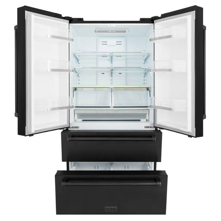 ZLINE Package - 48" Rangetop, Hood, Refrigerator, Dishwasher, Double Wall Oven in Black Stainless