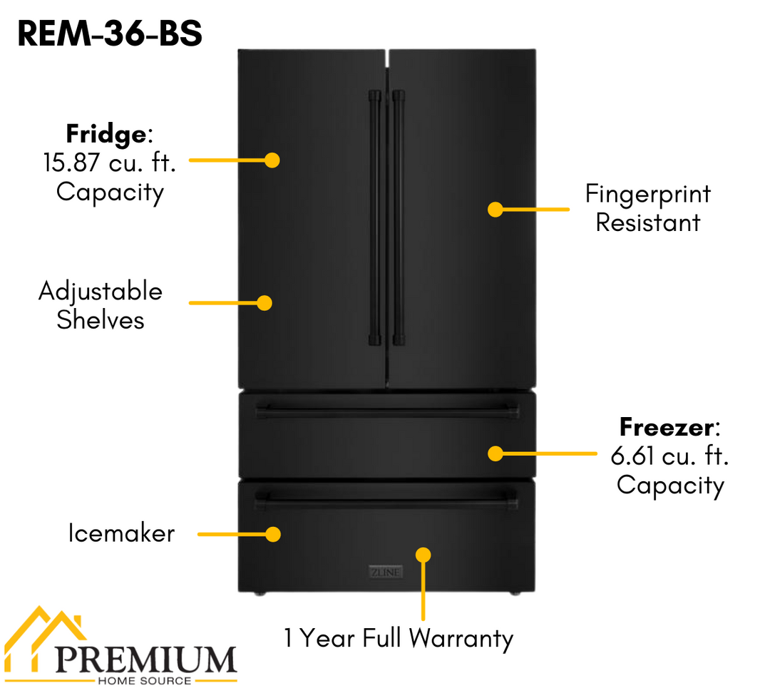 ZLINE 4-Piece Appliance Package - 36 In. Rangetop, Range Hood, Refrigerator, and Wall Oven in Black Stainless Steel, 4KPR-RTBRH36-AWS