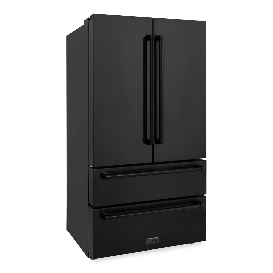 ZLINE 4-Piece Appliance Package - 36 In. Rangetop, Range Hood, Refrigerator, and Double Wall Oven in Black Stainless Steel, 4KPR-RTBRH36-AWD