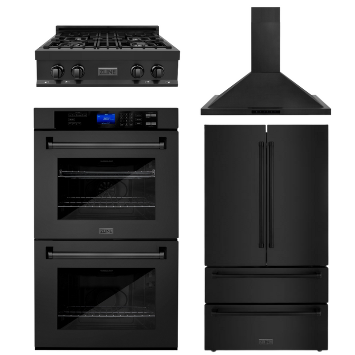 ZLINE Package - 30" Rangetop, Range Hood, Refrigerator, Double Wall Oven in Black Stainless