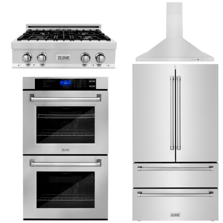 ZLINE 4-Piece Appliance Package - 30 In. Rangetop, Range Hood, Refrigerator, and Double Wall Oven in Stainless Steel, 4KPR-RTRH30-AWD