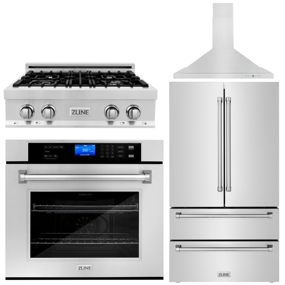 ZLINE 4-Piece Appliance Package - 30 In. Rangetop, Range Hood, Refrigerator, and Double Wall Oven in Stainless Steel, 4KPR-RTRH30-AWS