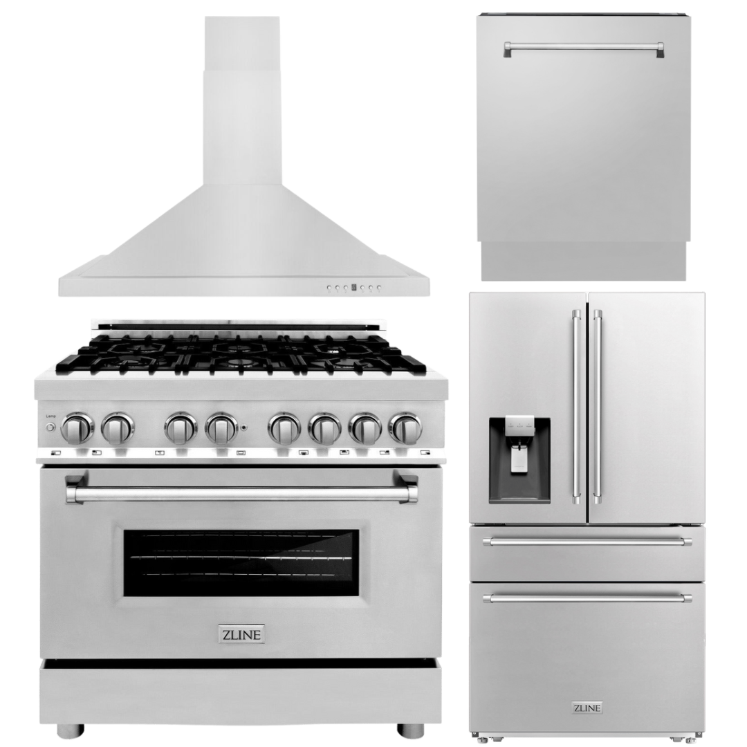 ZLINE Package - 36" Dual Fuel Range, Refrigerator with Water and Ice Dispenser, Range Hood, Dishwasher