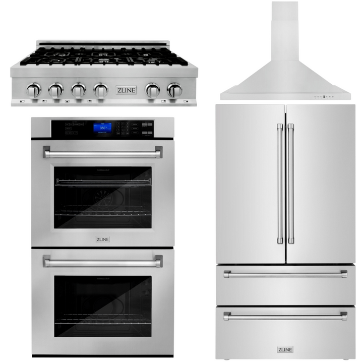 ZLINE 4-Piece Appliance Package - 36 In. Rangetop, Range Hood, Refrigerator, and Double Wall Oven in Stainless Steel, 4KPR-RTRH36-AWD